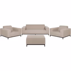 Set de salon pour intérieur et extérieur en tissu anti-UV beige pieds noirs. Ce salon de jardin se compose d'un canapé 3 plac ...