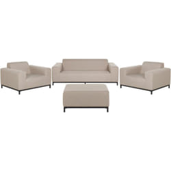 Salon Intérieur ou Extérieur 5 Places Canapé 2 Fauteuils et Pouf Ottoman en Tissu Beige Cadre Noir Assise Confortable et Élégance Intemporelle Beliani
