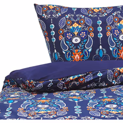 Set housse de couette et taie d'oreiller bleu marine avec motifs colorés. C'est le moment d'améliorer la déco de votre chambr ...
