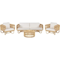Salon de Jardin Canapé 2 Fauteuils et Table Basse en Rotin Naturel Design avec Coussins Beiges pour Intérieur et Extérieur Boho et Rustique Beliani