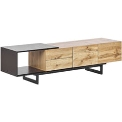 Meuble tv Buffet Design Effet Bois Clair et Noir avec 2 Tiroirs et Compartiments à Portes Spacieux Meuble Tendance pour Intérieur