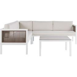 Salon de Jardin ou Terrasse 4 Places Canapé d'Angle Spacieux et Table Basse en Aluminium Blanc Marron avec Coussins Beiges Beliani