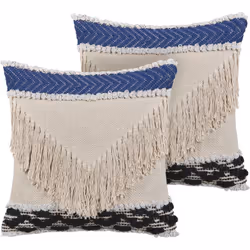 2 coussins déco bicolores faits à la main en coton doux avec franges. Avec ces coussins décoratifs, même un vieux canapé s’of ...