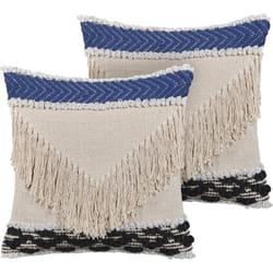 2 Coussins Décoratifs Beiges et Bleus Faits à la Main en Coton avec Frange Ajout Tendance pour Lit ou Canapé au Style Boho et Moderne Beliani
