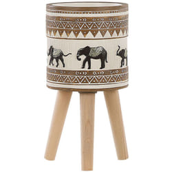 Beliani - Cache-Pot Support Plantes avec 3 Pieds en Bois 19 cm de Diamètre Motif Éléphants Peint à la Main Idéal à la fois pour Extérieur et Intérieur
