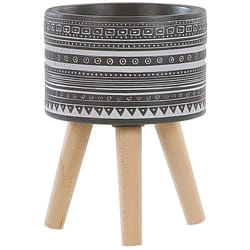 Beliani - Cache-Pot Support Plantes Gris avec 3 Pieds en Bois 21 cm de Diamètre Motif Ethnique Peint à la Main pour Extérieur et Intérieur