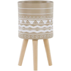 Beliani - Cache-Pot Support Plantes Beige avec 3 Pieds en Bois 25 cm de Diamètre Motif Ethnique Peint à la Main pour Extérieur et Intérieur