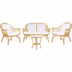 Canapé banquette 2 fauteuils et table basse au style bohème. Cet ensemble, fabriqué à la main en rotin de haute qualité, conv ...