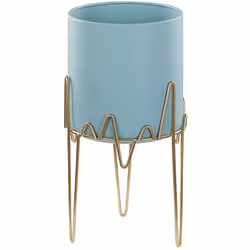 Cache-pot de fleur en acier bleu avec pieds fins dorés. Ce cache-pot sur pied embellira superbement n'importe quelles fleurs  ...