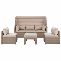 Salon de jardin 5 places en rotin marron clair avec toit pare-soleil COCCOLIA