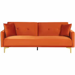 Canapé-lit clic-clac en velours orange avec pieds dorés. Ce canapé convertible saura se faire apprécier comme meuble principa ...