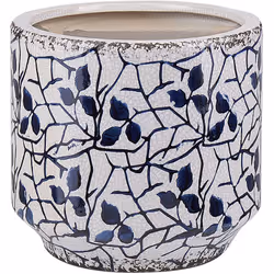 Vase à fleurs déco en céramique à motif de branches et feuilles bleues. Placez votre bouquet de fleurs fraîchement coupées da ...