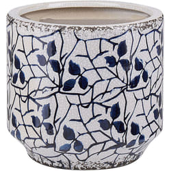 Beliani - Vase Décoratif à Fleurs Cache-pot en Céramique Blanc et Bleu Marine 15 cm de Hauteur Motif Feuilles Accessoire Tendance pour Salon ou