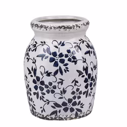 Vase à fleur en céramique blanc avec motif floral bleu . Apportez une touche vintage dans votre séjour ou votre entrée avec c ...