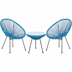 Set de 2 fauteuils design oeuf en rotin bleu avec table assortie. Cet ensemble de 2 chaises design et d'une table basse inspi ...