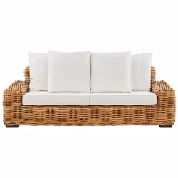 Canapé de jardin 3 places en rotin naturel avec coussins blanc cassé FORLI