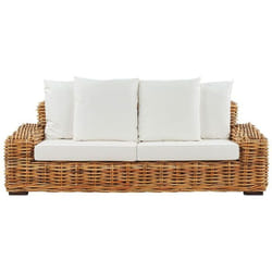 Canapé de jardin 3 places en rotin naturel avec coussins blanc cassé FORLI