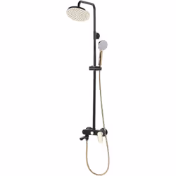 Colonne de douche noir-doré avec pommeau rond et robinet mitigeur. Cet ensemble de douche à mitigeur est définitivement une s ...