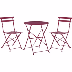 Set de jardin ou terrasse table et 2 chaises pliantes en acier rouge bordeaux. Cet ensemble polyvalent se compose de deux cha ...
