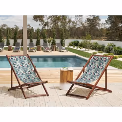 Lot de 2 chiliennes en bois foncé et tissu motif pelican multicolore ANZIO