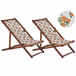Lot de 2 chiliennes en bois foncé et tissu motif oranges ANZIO