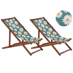 Lot de 2 chiliennes en bois foncé et tissu motif floral paquerettes ANZIO
