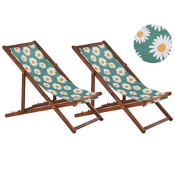 Lot de 2 chiliennes en bois foncé et tissu motif floral paquerettes ANZIO
