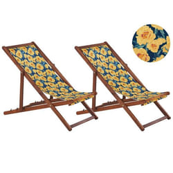 Lot de 2 chiliennes en bois foncé et tissu motif floral jaune et vert ANZIO