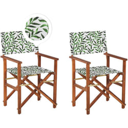 Lot de 2 Chaises Pliables Bois d'Acacia et Textile Motif Feuilles/Gris Cine