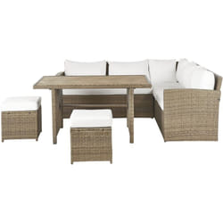Canapé Jardin Rotin 5 Places avec Table 2 Ottomans Marron Coussins Blancs Bardi