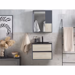 Meuble vasque integree avec miroir et cabinet 60 cm bois clair et gris TERUEL