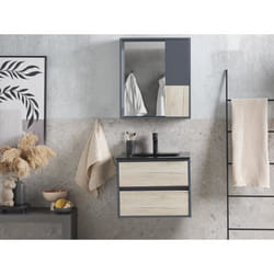 Meuble vasque integree avec miroir et cabinet 60 cm bois clair et gris TERUEL