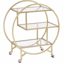 Chariot de bar glam avec étagères en verre. Doté d'un look art déco incomparable, ce chariot de cuisine est une pièce à ne pa ...