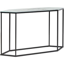 Console Glamour Plateau Effet Marbre Blanc Verre Trempé Cadre en Acier Pieds Noirs Perrin