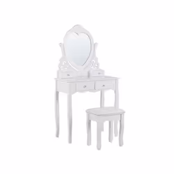 Coiffeuse avec miroir en forme de cœur 4 tiroirs et tabouret blanc DIVA