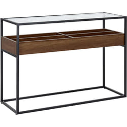 Console Moderne avec Etagère Plateau à 4 Rangements Bois Sombre et Verre Waco