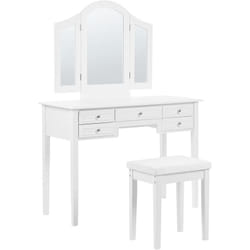 Coiffeuse en mdf Blanche Finition Peinte Poignées en Métal 5 Tiroirs Tabouret Inclus et Miroir Lumiere