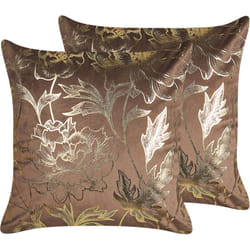 Lot de 2 Coussins en Velours à Imprimé Floral 45 x 45 cm Marron et Doré Daffodil