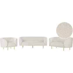 Ensemble de salon 2 Canapés 2 + 3 Places et Fauteuil Tissu Blanc Pieds Dorés Loen