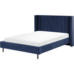 Sommier pour Lit Double 140 x 200 cm en Velours Bleu Tête de Lit Haute Villette