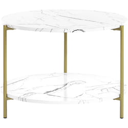 Table Basse Moderne avec Étagère Pieds en Métal Effet Marbre Blanc Doré Reva