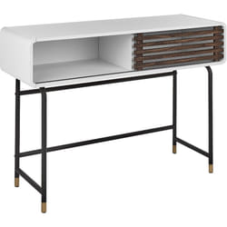 Table Console Rétro Moderne à Porte Coulissante Lattée Bois Foncé Cadre Blanc Rifle