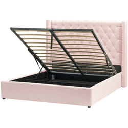 Lit avec Rangement 160 x 200 cm en Velours Rose Tête de Lit Capitonnée Glam Lubbon