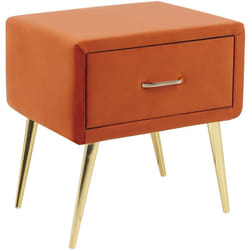 Table de Chevet en Velours Orange et Métal Doré 1 Tiroir Pratique Elégant Flayat