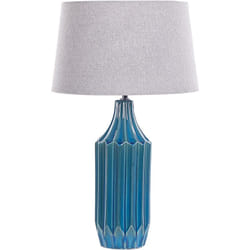 Beliani - Lampe à Poser en Céramique Bleue Base Côtelée Lumière Ambiante Abat-Jour Lin Abava