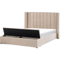 Lit Double en Velours avec Tête Rayée Haute et Rangement 160 x 200 cm Beige Noyers