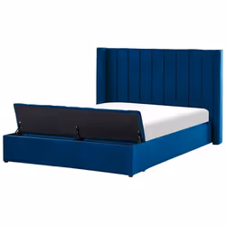 Lit double en velours bleu avec banc coffre 160 x 200 cm NOYERS