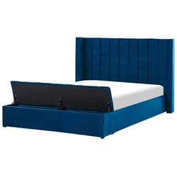 Lit double en velours bleu avec banc coffre 160 x 200 cm NOYERS