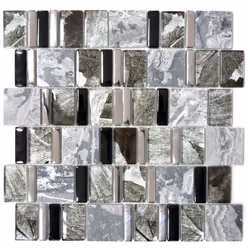 Mosani MOS88-0210, Mosaique, Verre, pierre, Noir, Gris, Intérieure, Rectangle, 298 mm