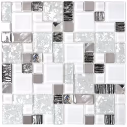 Mosani MOS88-01699, Mosaique, Verre, Métal, Blanc, Intérieure, Rectangle, 300 mm